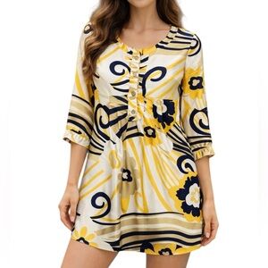 Lilly Pulitzer Tunic Dress 100% Silk Yellow Gold Navy Ruffle size S 4